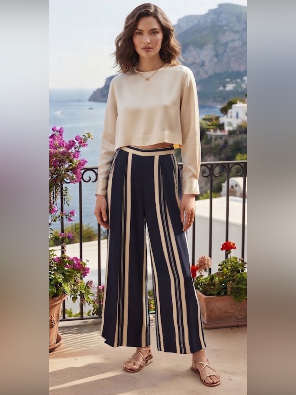 Vintage Ralph Lauren purple label silk blue beige striped palazzo pants